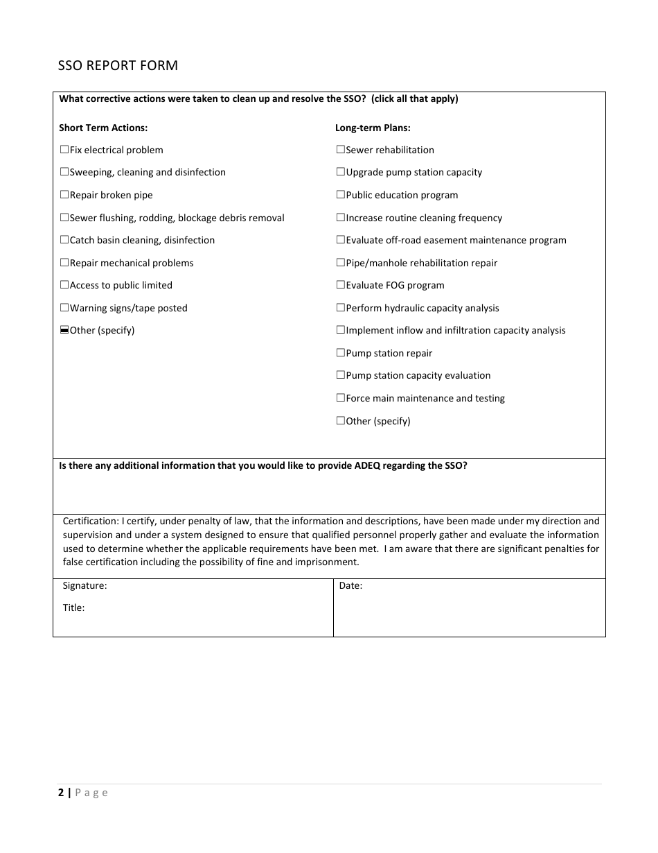 Arizona Sanitary Sewer Overflow Sso Report Form Fill Out Sign