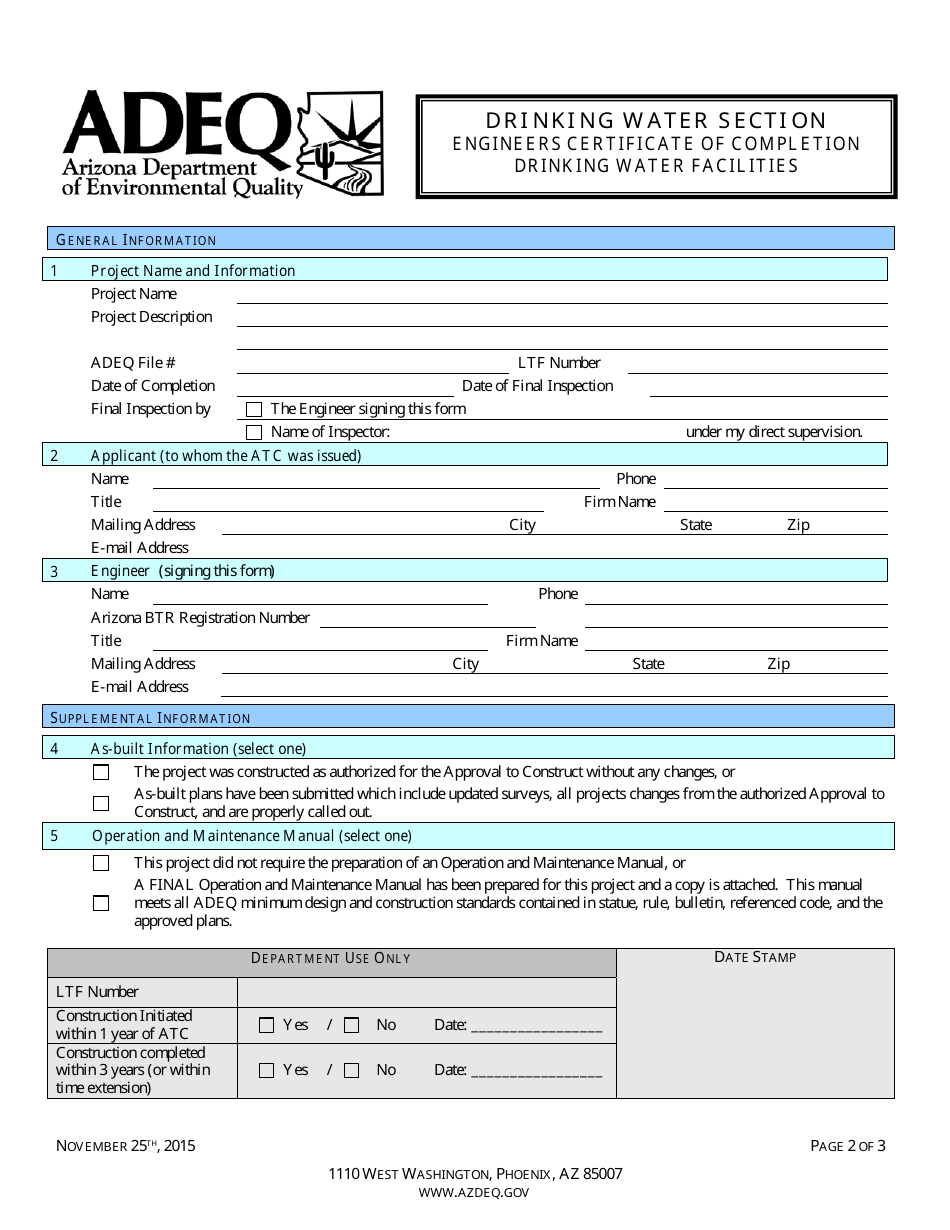 Arizona Engineers Certificate Of Completion Drinking Water Facilities