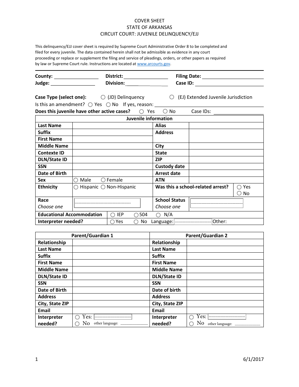 Arkansas Juvenile Delinquency Ejj Cover Sheet Fill Out Sign Online