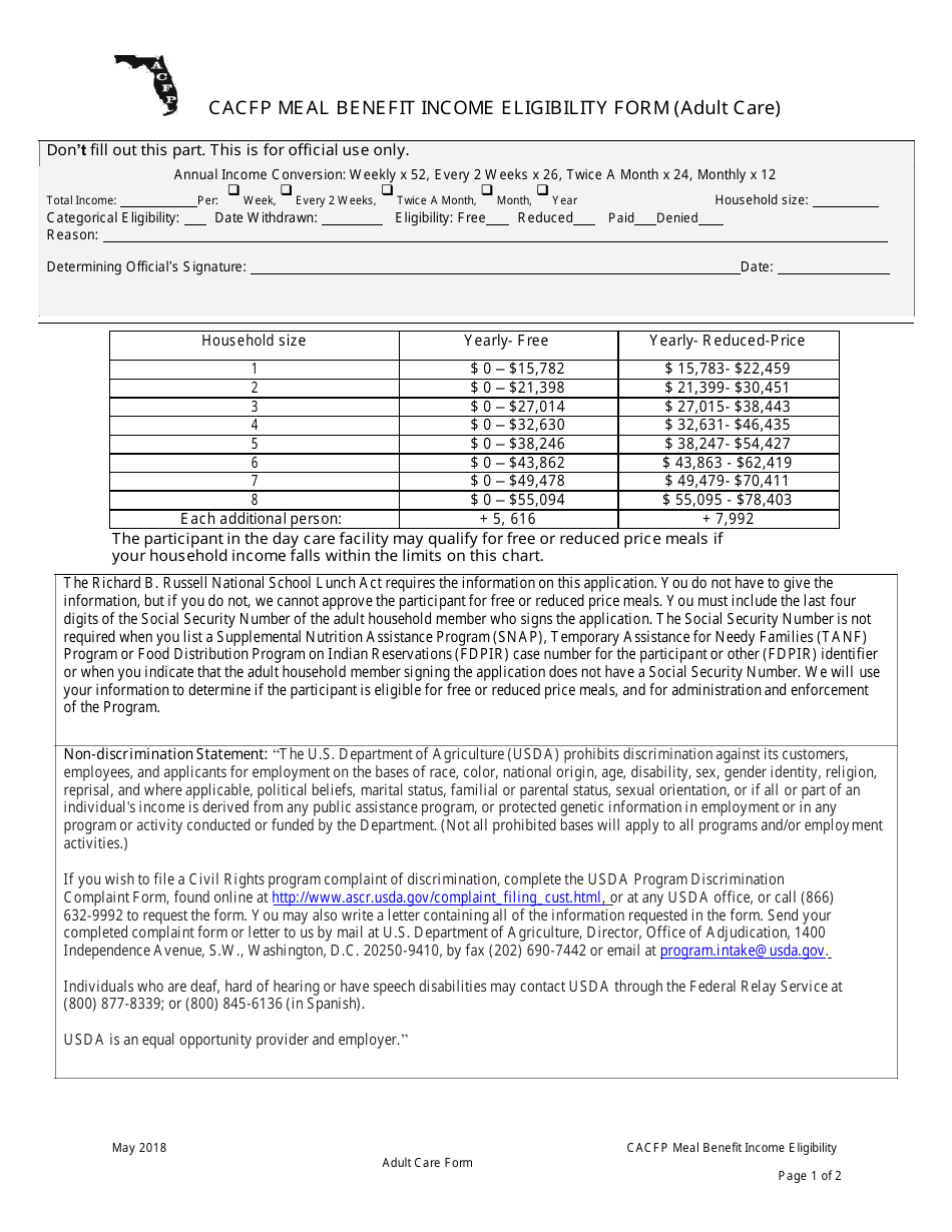 Florida CACFP Meal Benefit Income Eligibility Form Adult Care Fill