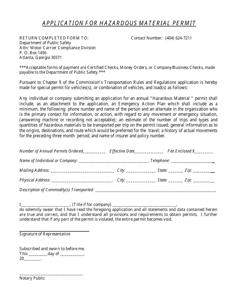 Georgia United States Application For Hazardous Material Permit