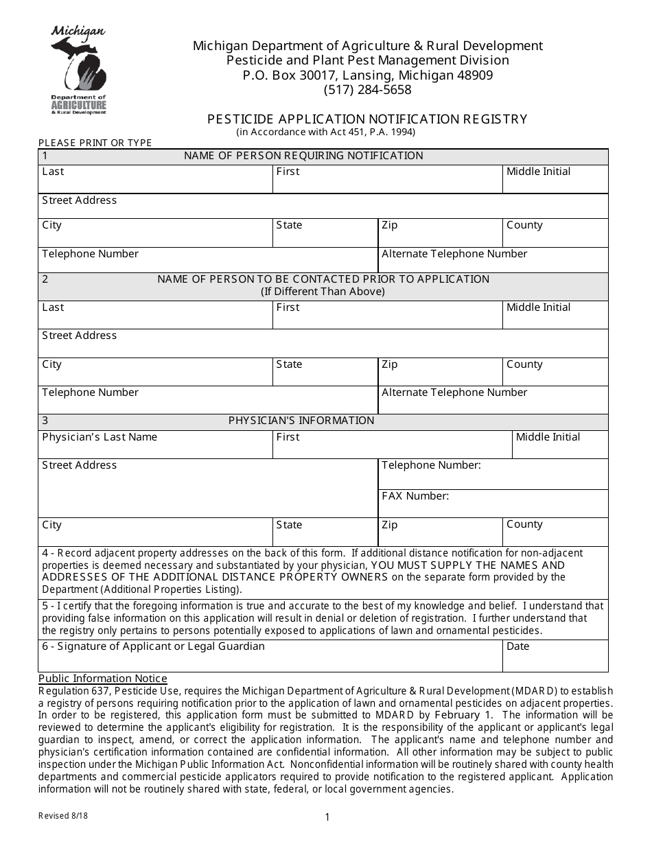 Michigan Pesticide Application Notification Registry Fill Out Sign