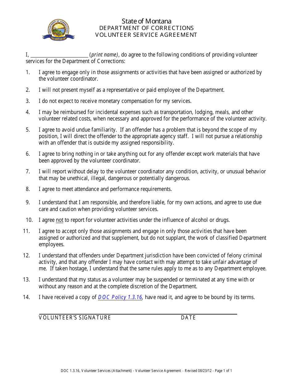 Montana Volunteer Service Agreement Form Fill Out Sign Online And