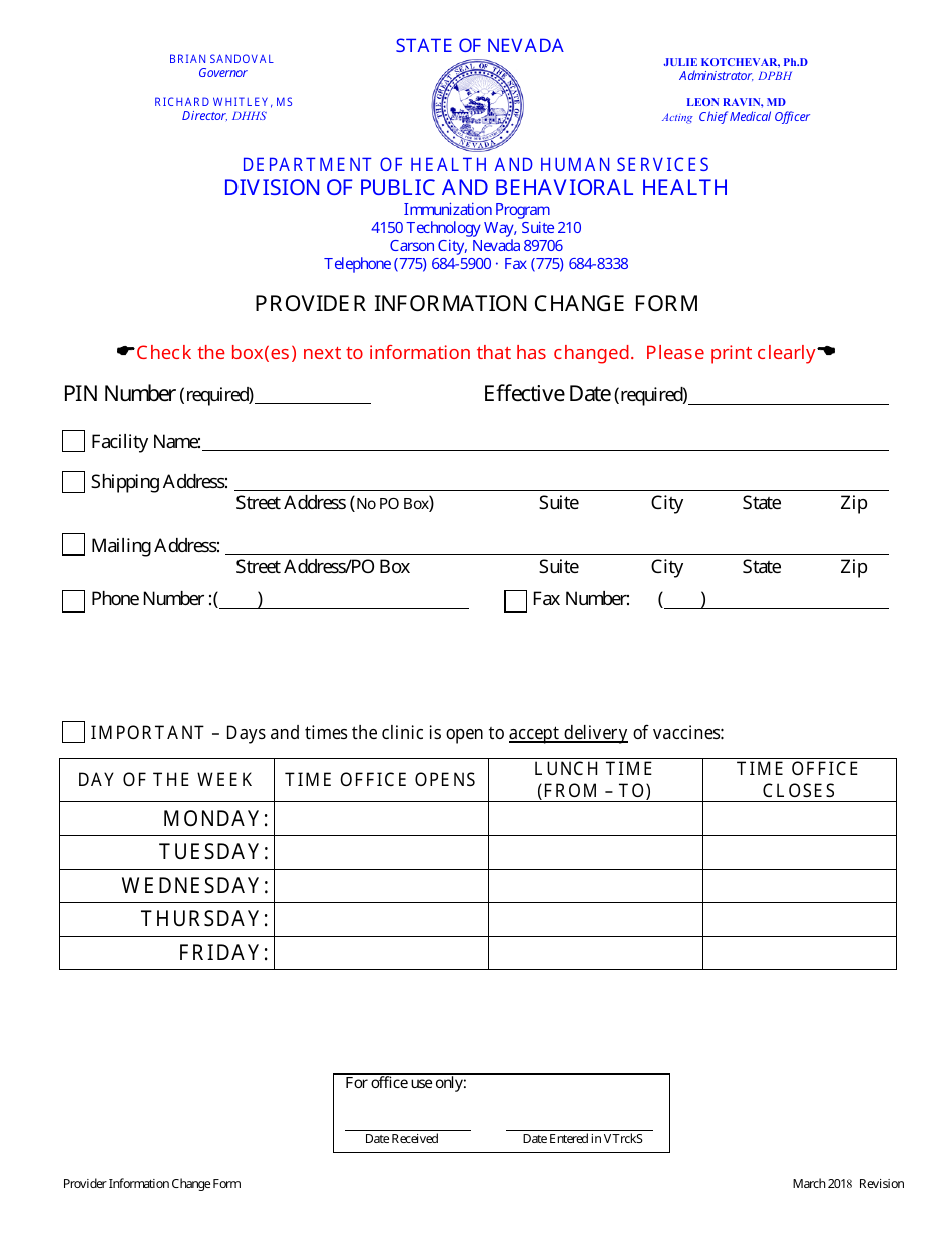 Nevada Provider Information Change Form Immunization Program Fill