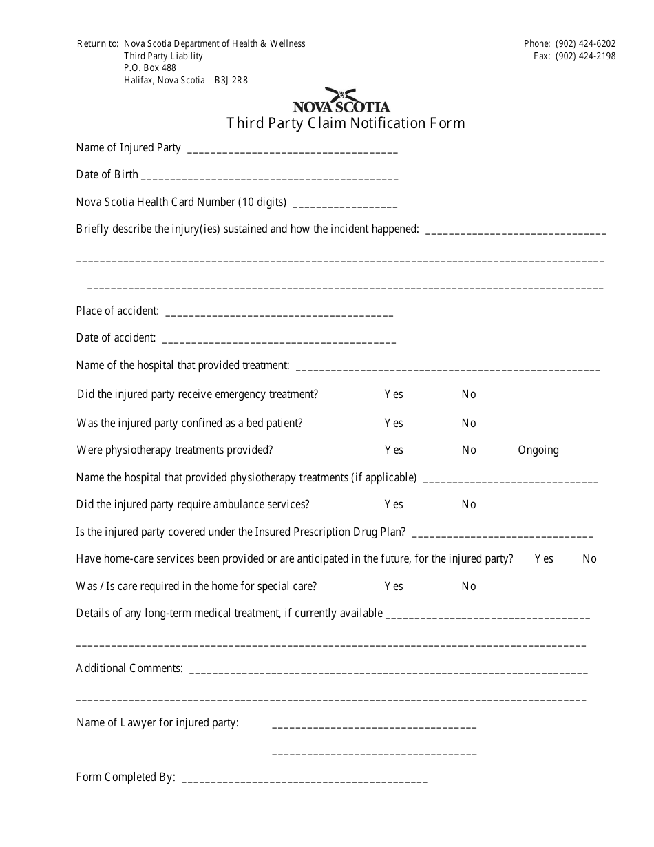 Nova Scotia Canada Third Party Claim Notification Form Fill Out Sign