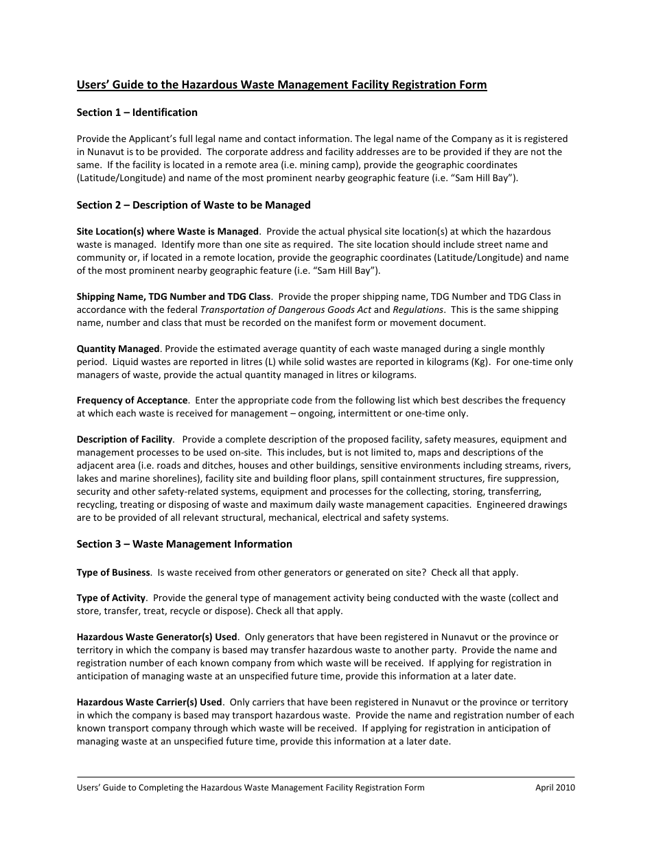 Nunavut Canada Registration Form Hazardous Waste Management Facility