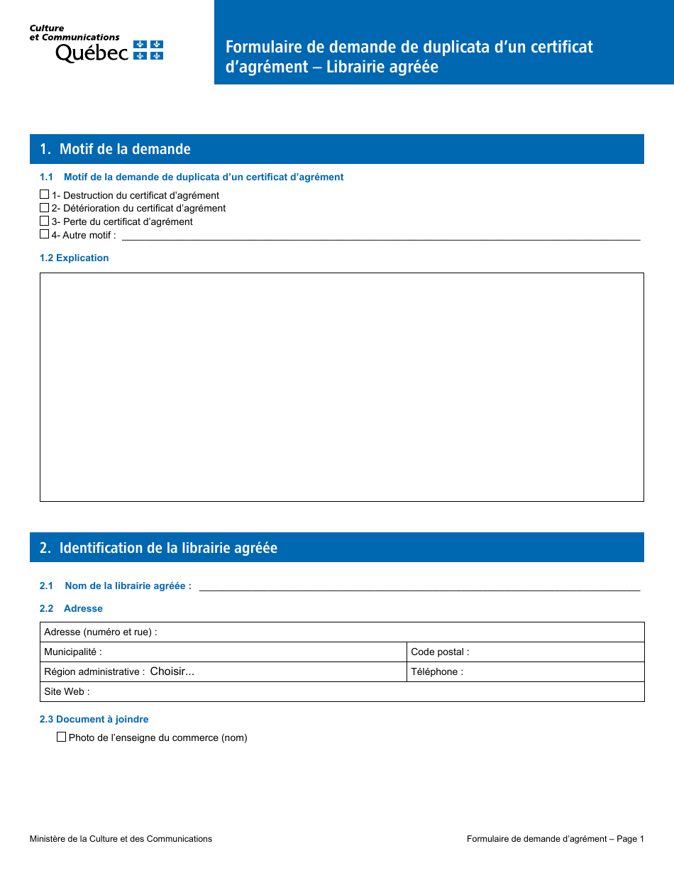 Quebec Canada Formulaire De Demande De Duplicata D Un Certificat D