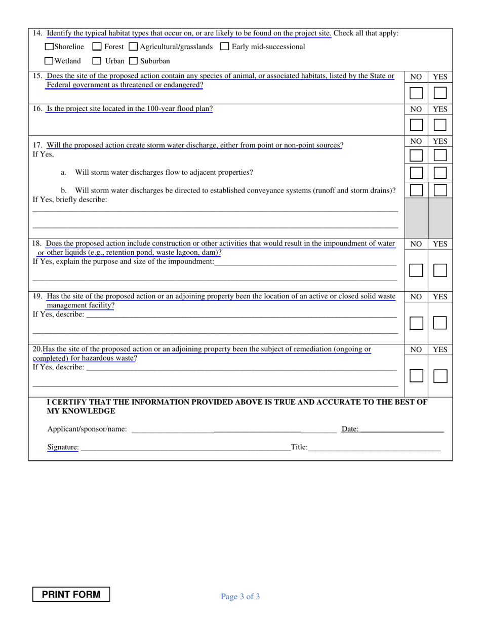 New York Short Environmental Assessment Form Project Information