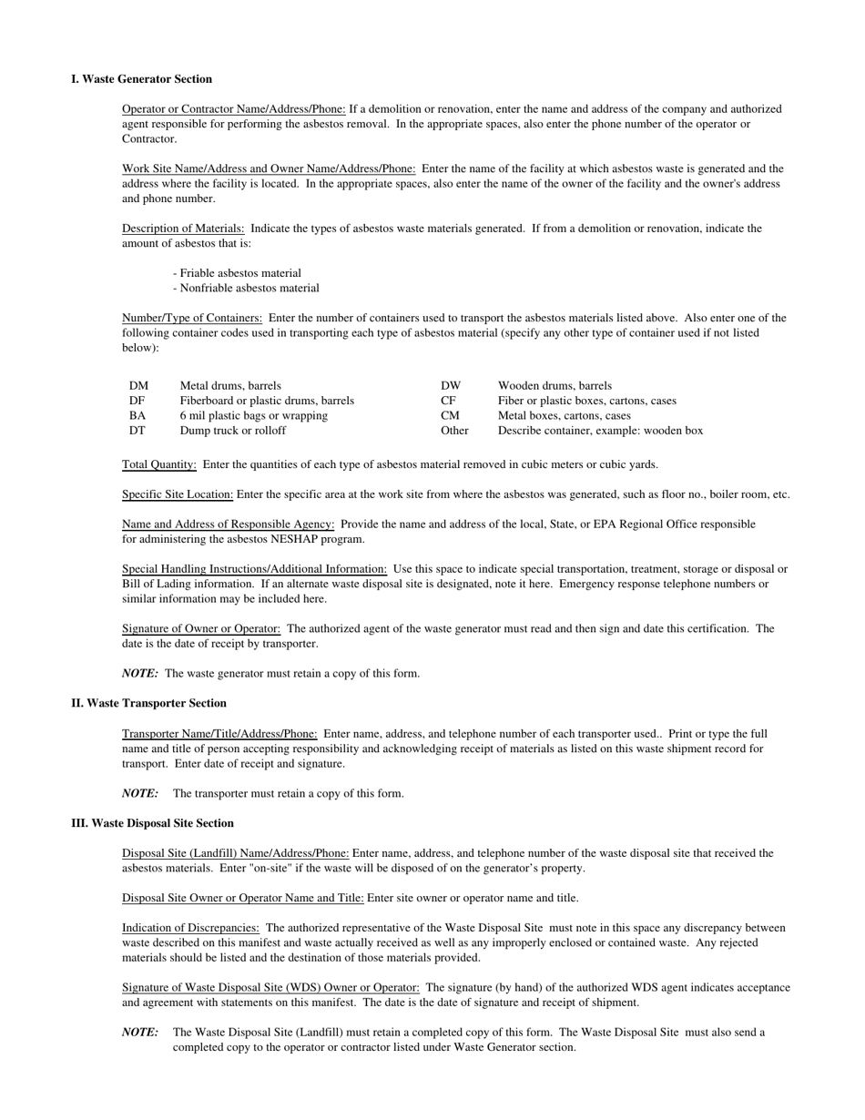 North Dakota Asbestos Containing Material Waste Shipment Record Form