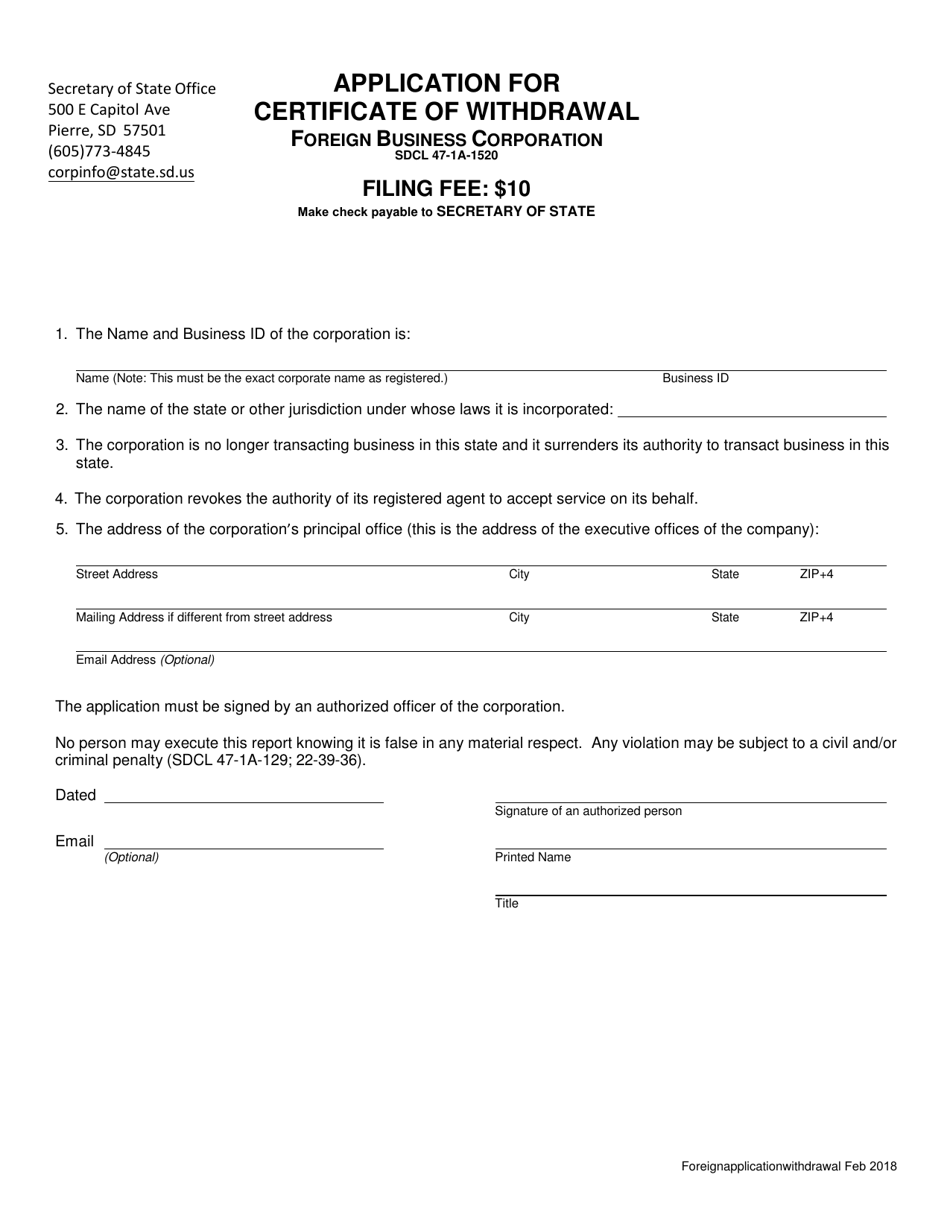 South Dakota Application For Certificate Of Withdrawal Foreign