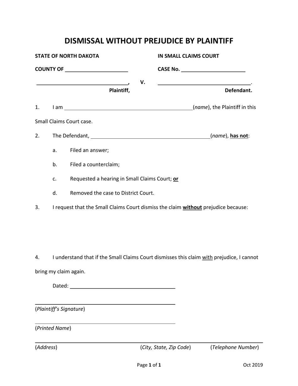 North Dakota Dismissal Without Prejudice By Plaintiff Fill Out Sign