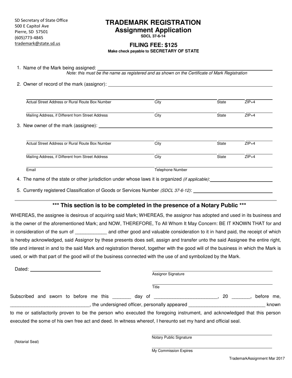 South Dakota Application For Assignment Transfer Of Trademark Fill