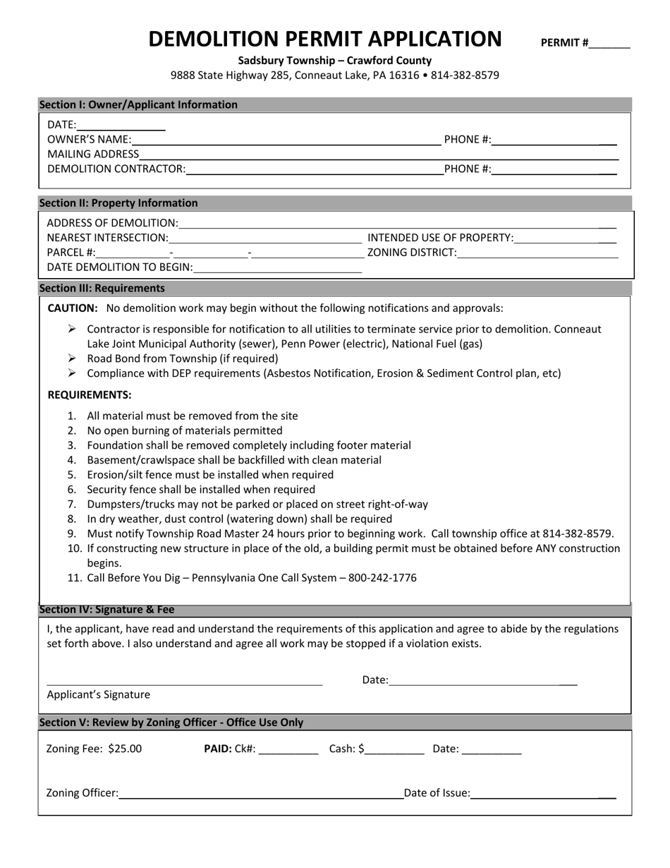 Sadsbury Township Pennsylvania Demolition Permit Application Fill