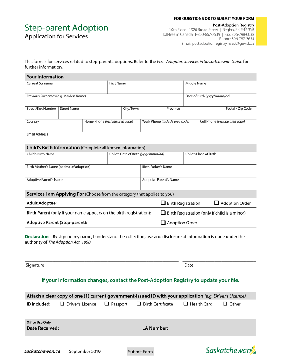 Saskatchewan Canada Application For Services Stepparent Adoption