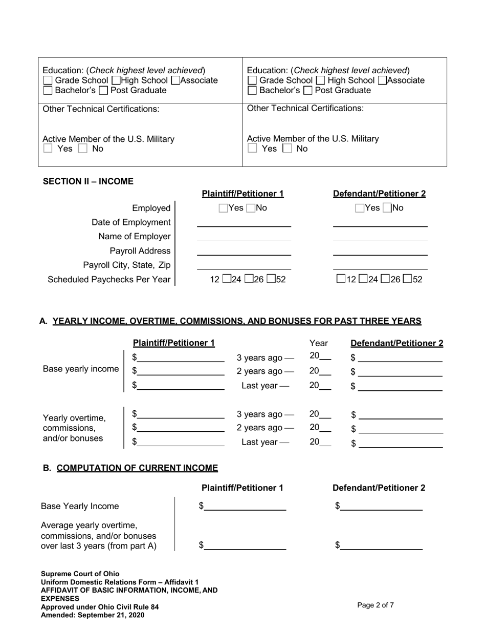 Ohio Affidavit Of Basic Information Income And Expenses Fill Out