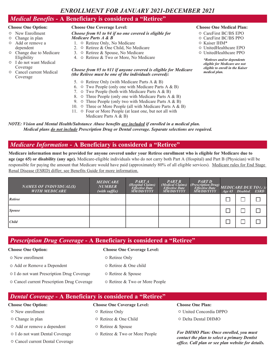 Maryland Retiree Health Benefits Enrollment And Change Form Fill