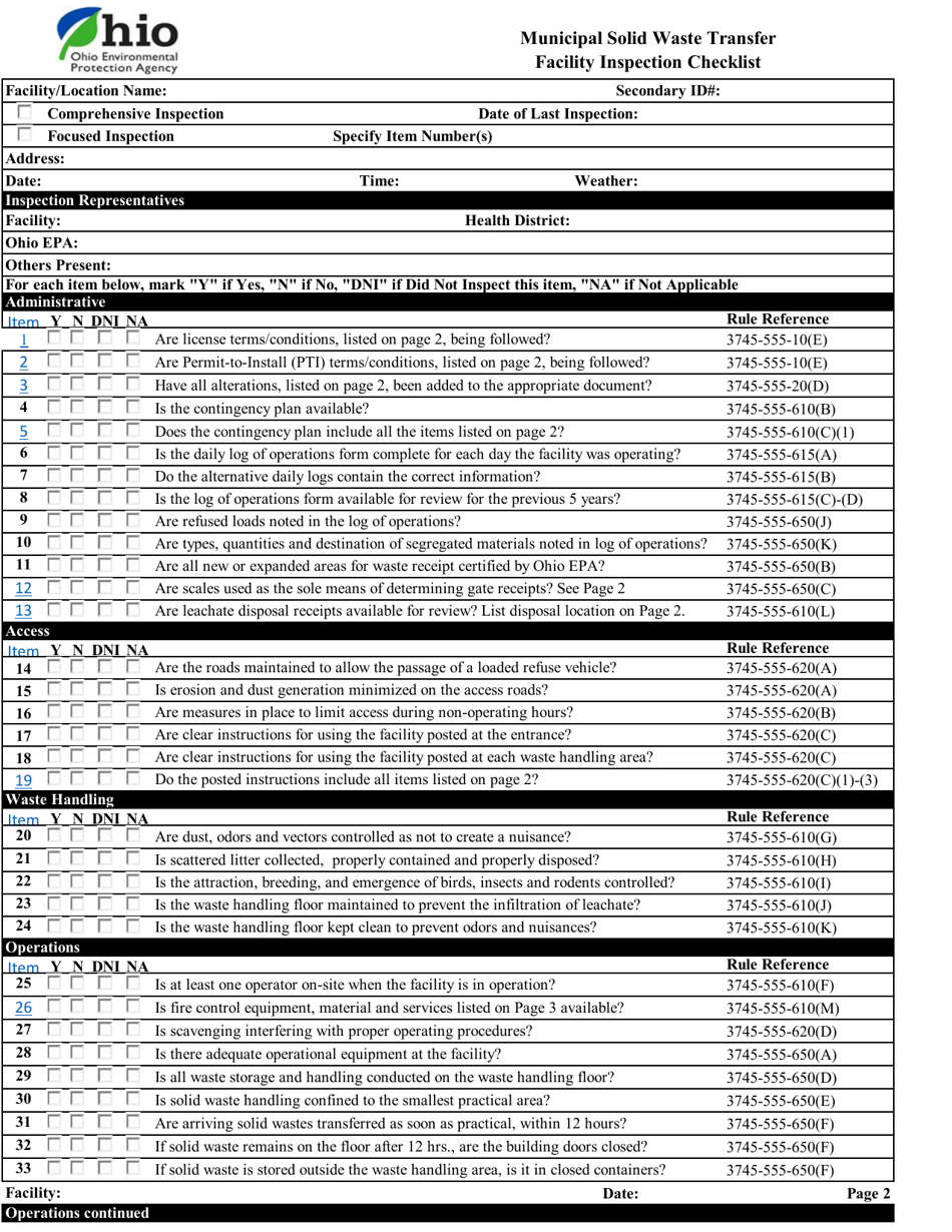 Ohio Municipal Solid Waste Transfer Facility Inspection Checklist