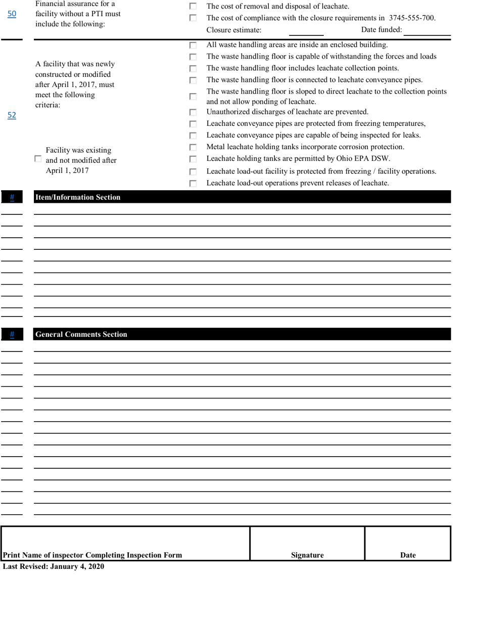 Ohio Municipal Solid Waste Transfer Facility Inspection Checklist