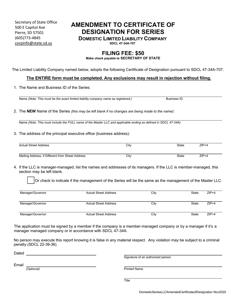 South Dakota Amendment To Certificate Of Designation For Series