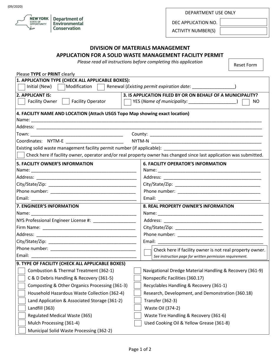 New York Application For A Solid Waste Management Facility Permit