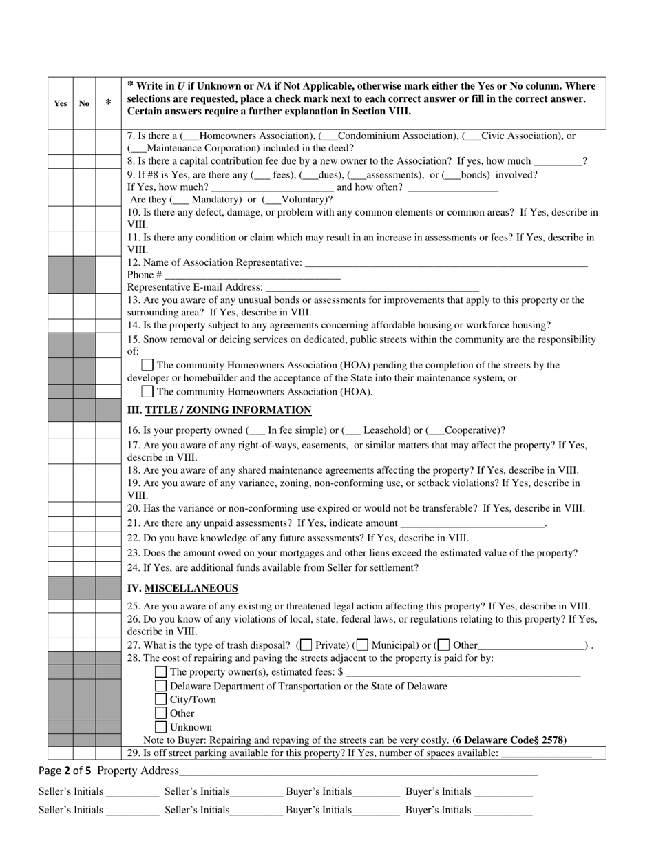 Delaware Seller S Disclosure Of Real Property Condition Report New