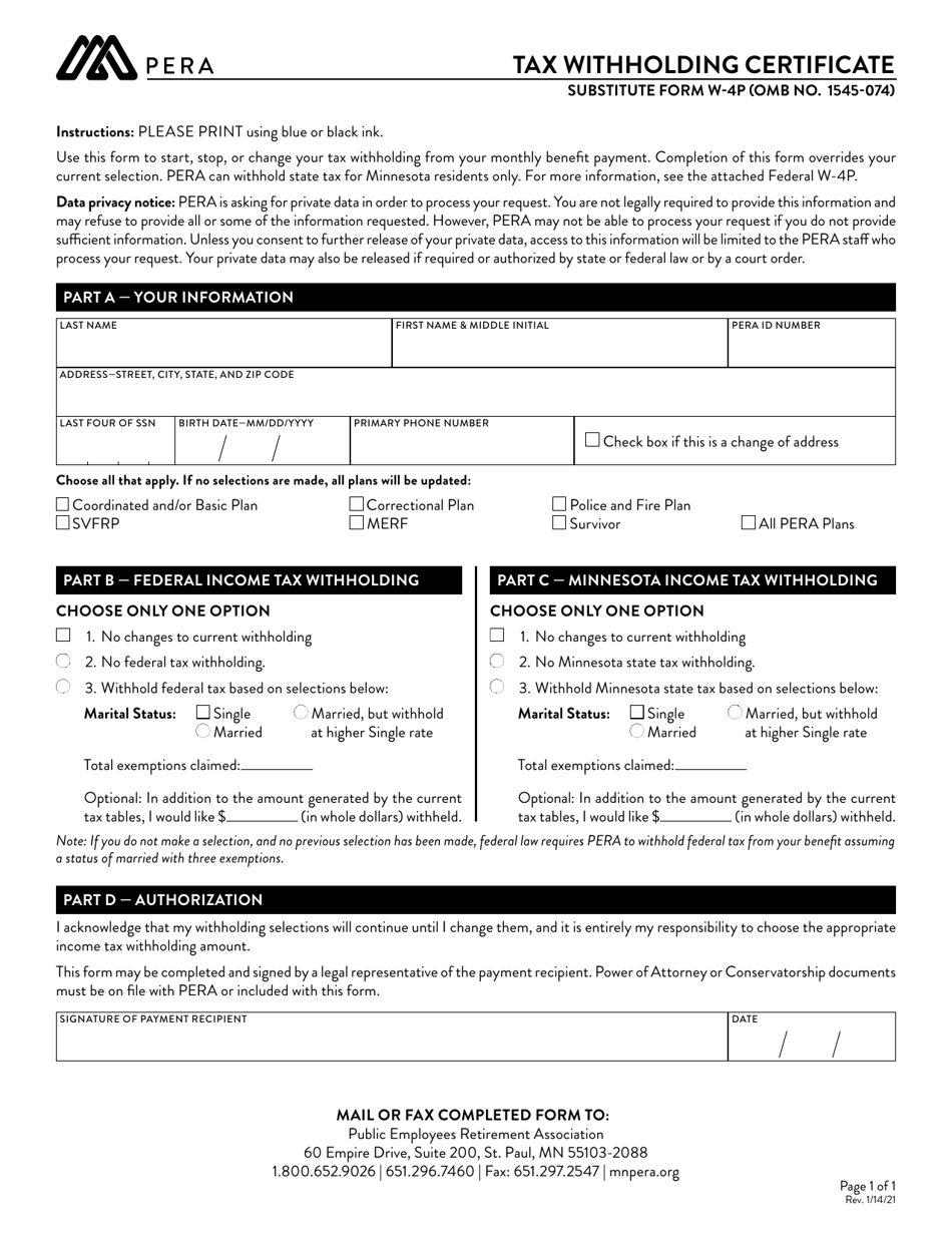 Minnesota Substitute Form W P Tax Withholding Certificate