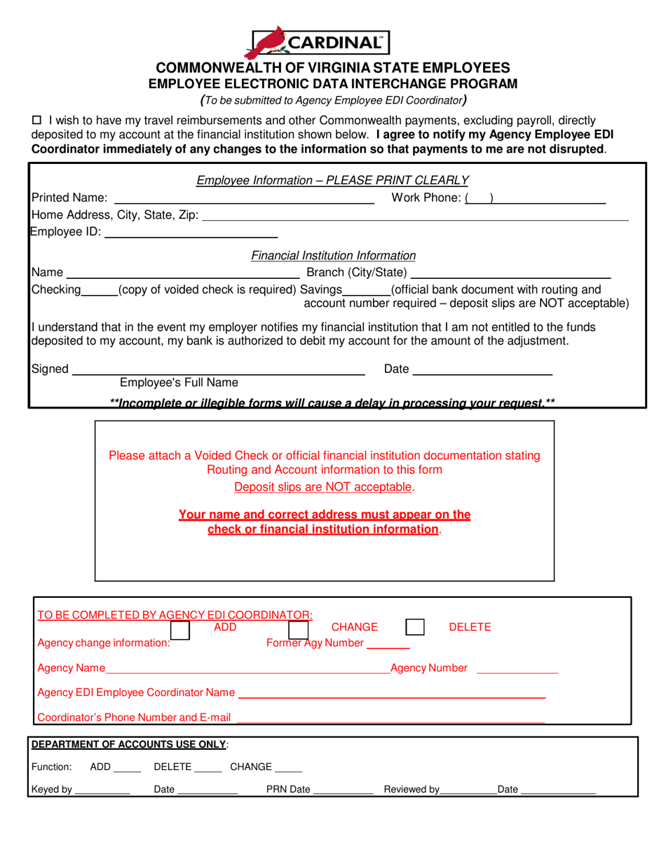 Virginia Cardinal State Employee Edi Enrollment Form Fill Out Sign