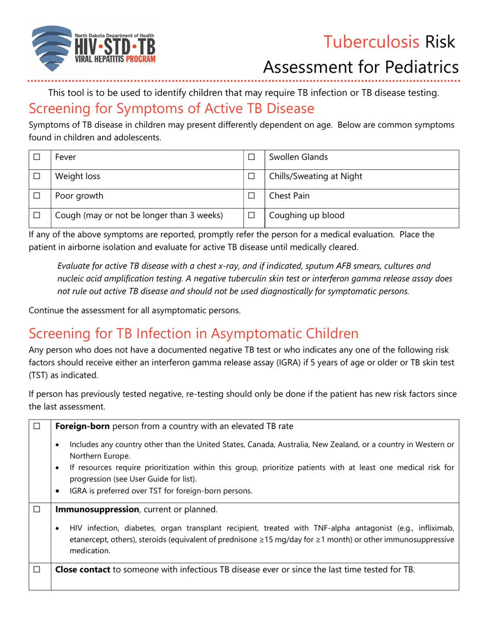 North Dakota Tuberculosis Risk Assessment For Pediatrics Fill Out