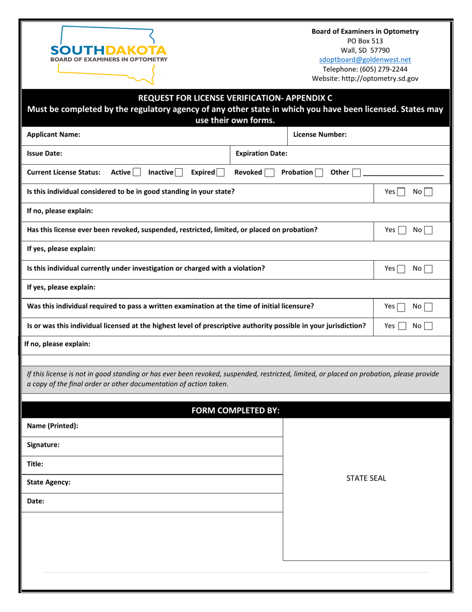 South Dakota Request For License Verification Fill Out Sign Online