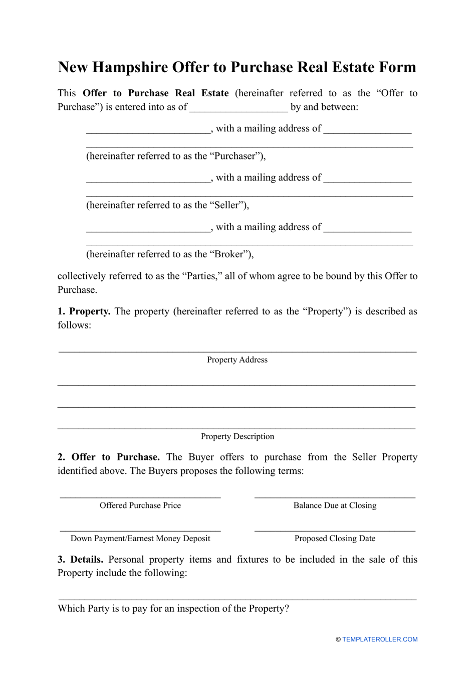 New Hampshire Offer To Purchase Real Estate Form Fill Out Sign