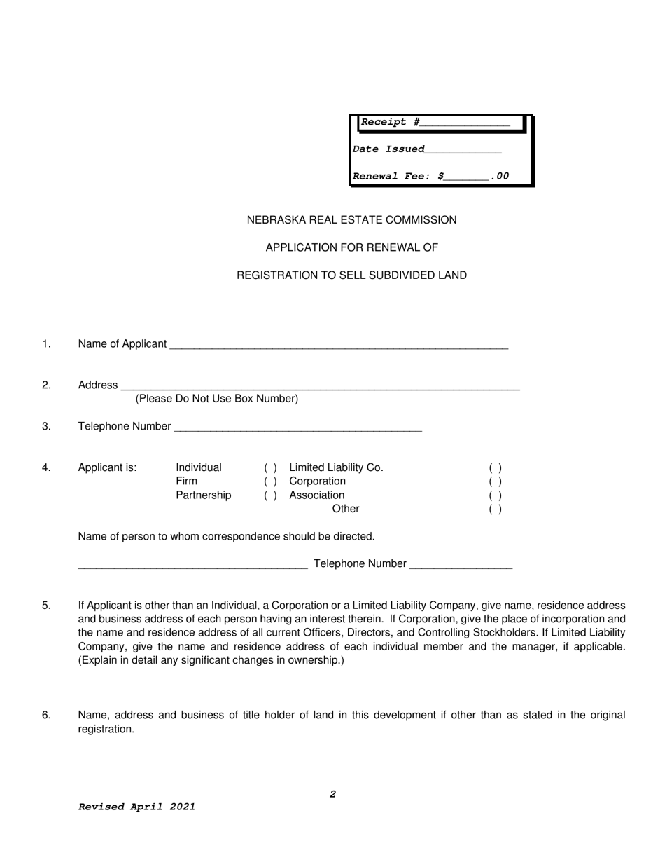 Nebraska Application For Renewal Of Registration To Sell Subdivided