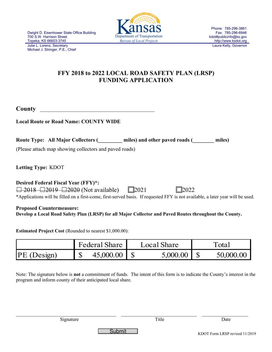 Kansas Local Road Safety Plan Lrsp Funding Application Fill