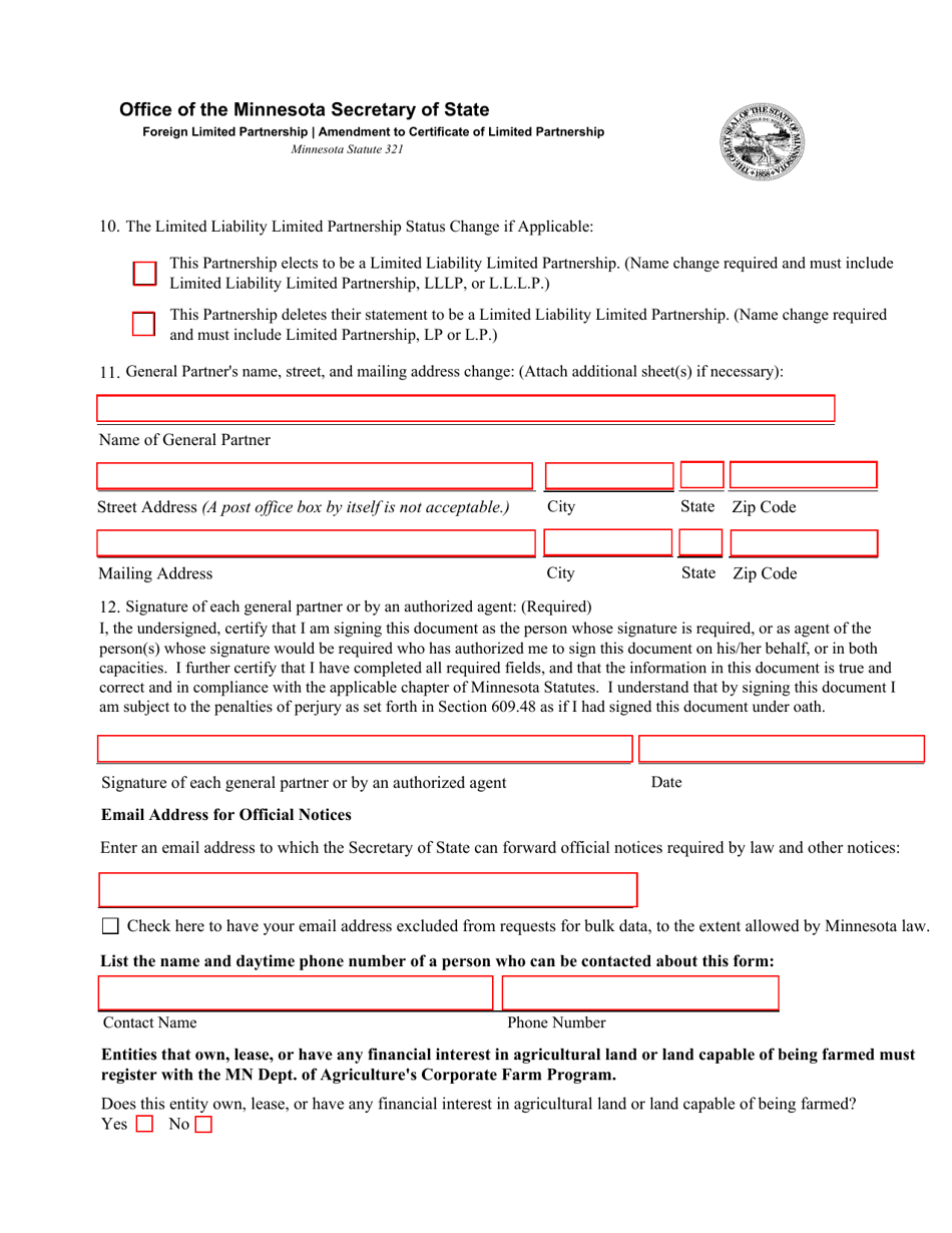 Minnesota Amendment To Certificate Of Foreign Limited Partnership