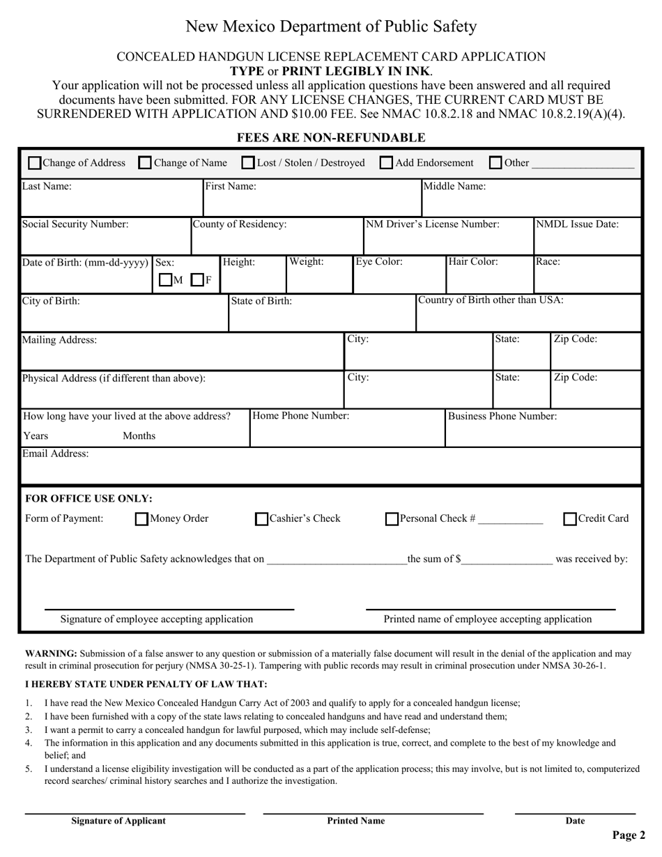 New Mexico Concealed Handgun License Replacement Card Application