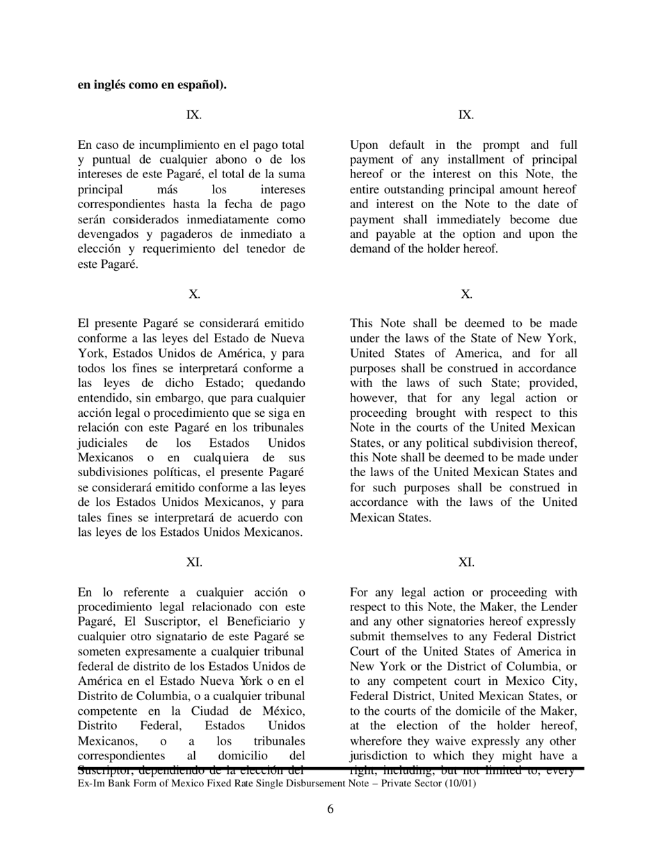 Form Of Fixed Rate Single Disbursement Note Mexico English Spanish