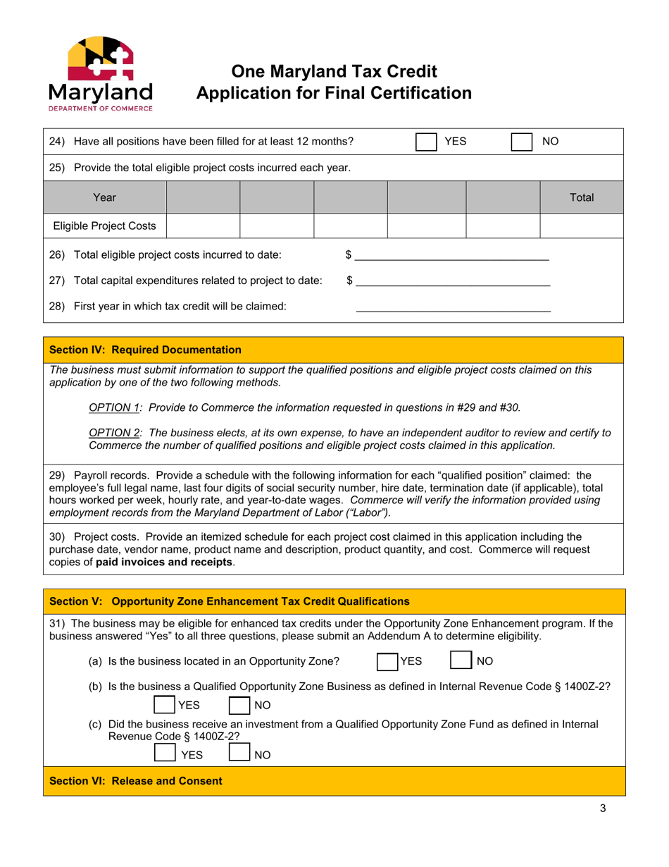 Maryland One Maryland Tax Credit Application For Final Certification