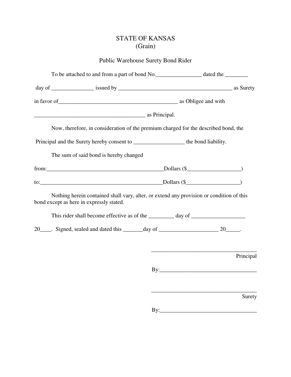 Kansas Public Warehouse Surety Bond Rider Fill Out Sign Online And