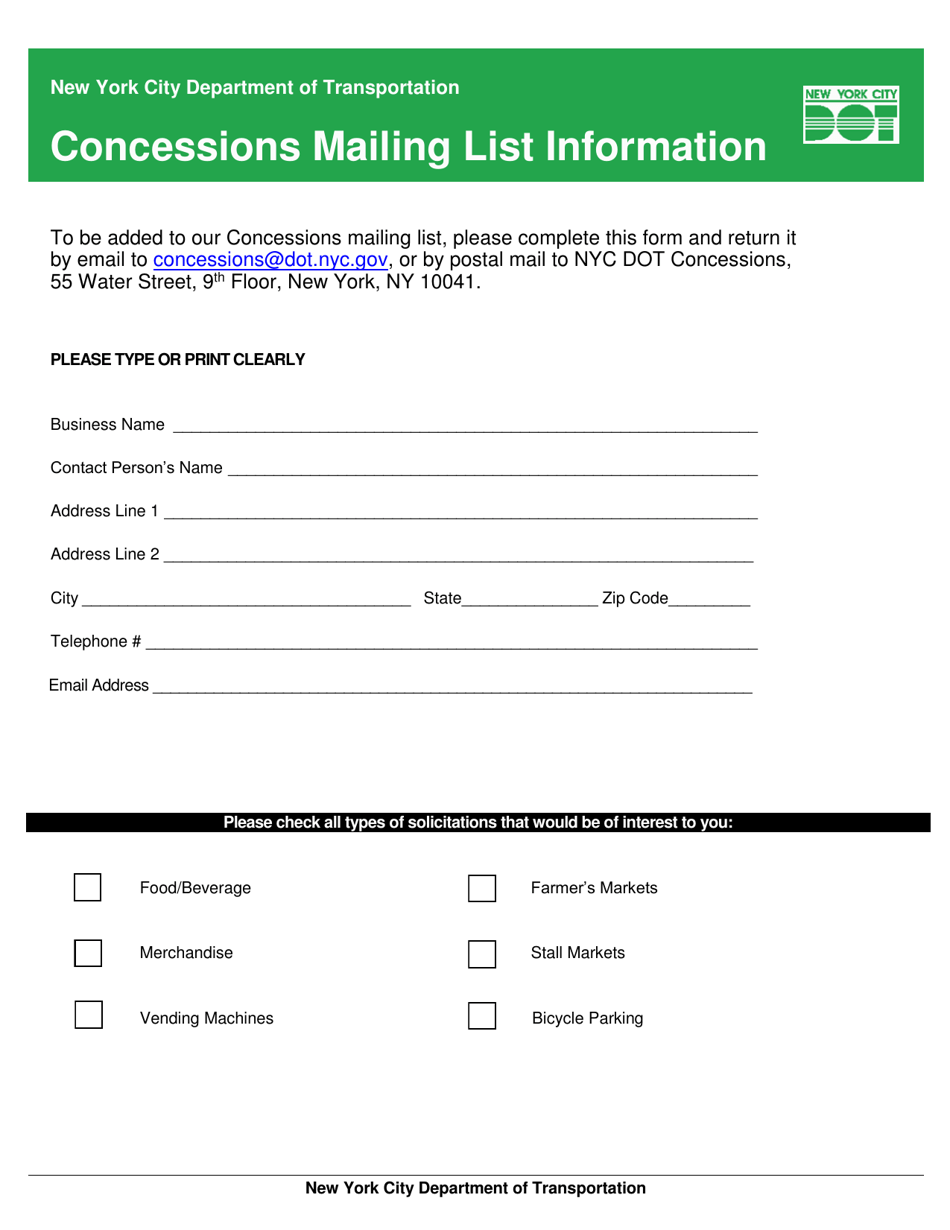 New York City Concessions Mailing List Information Fill Out Sign