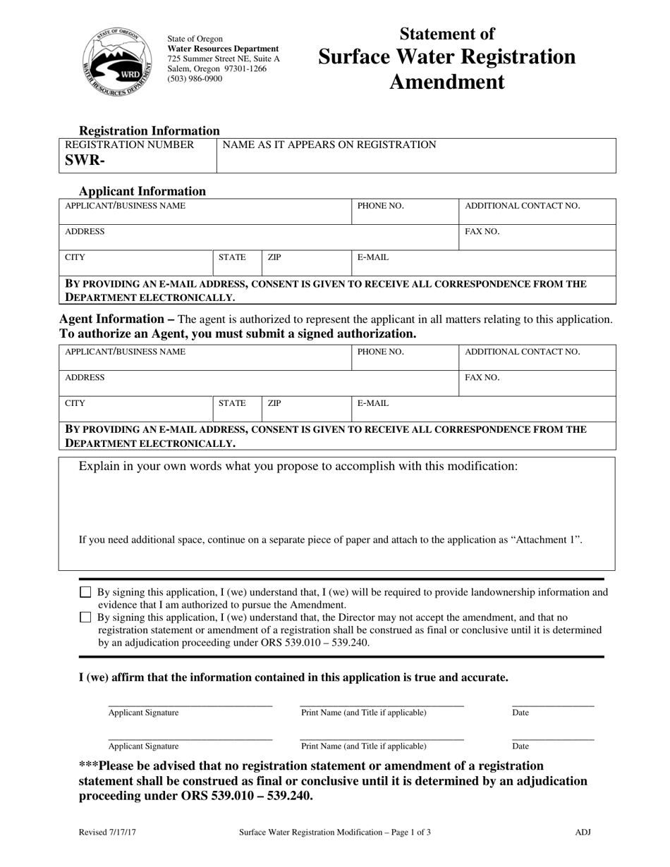 Oregon Statement Of Surface Water Registration Amendment Fill Out