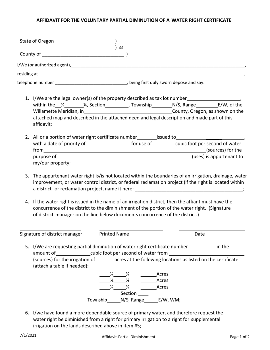 Oregon Affidavit For The Voluntary Partial Diminution Of A Water Right