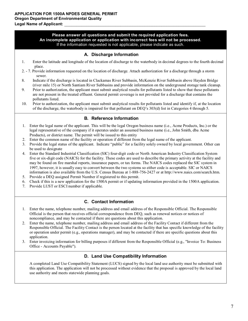 Oregon Application For National Pollutant Discharge Elimination System