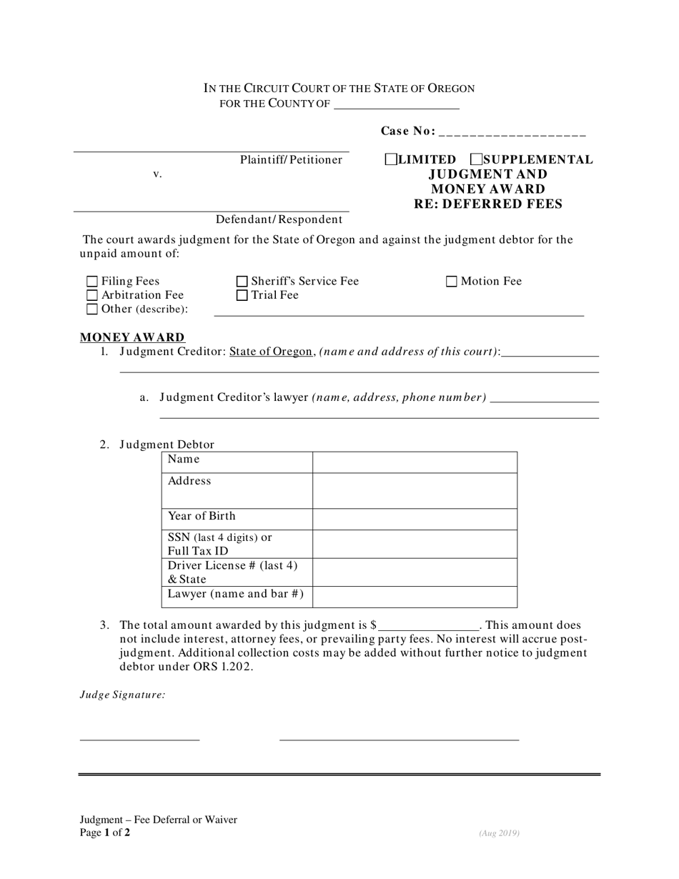 Oregon Limited Or Supplemental Judgment And Money Award Re Deferred