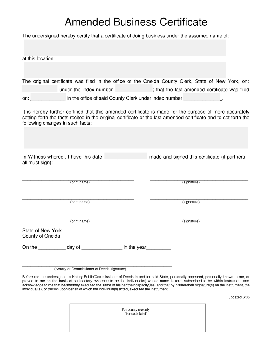 County Of Oneida New York Amended Business Certificate Fill Out