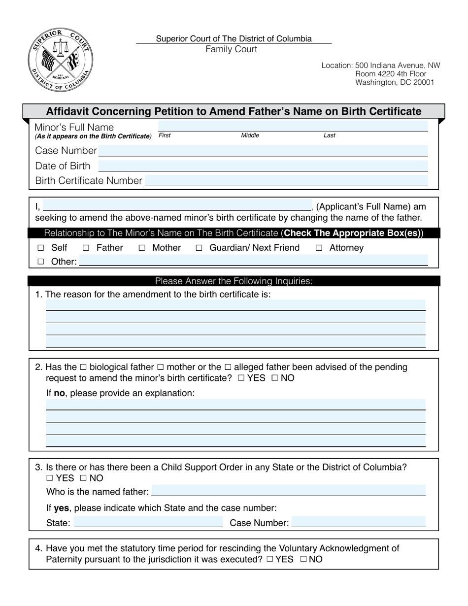 Washington D C Application To Amend Birth Certificate Of A Minor