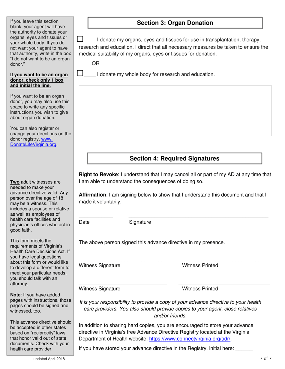 Virginia Virginia Advance Directive Form For Healthcare With Sections