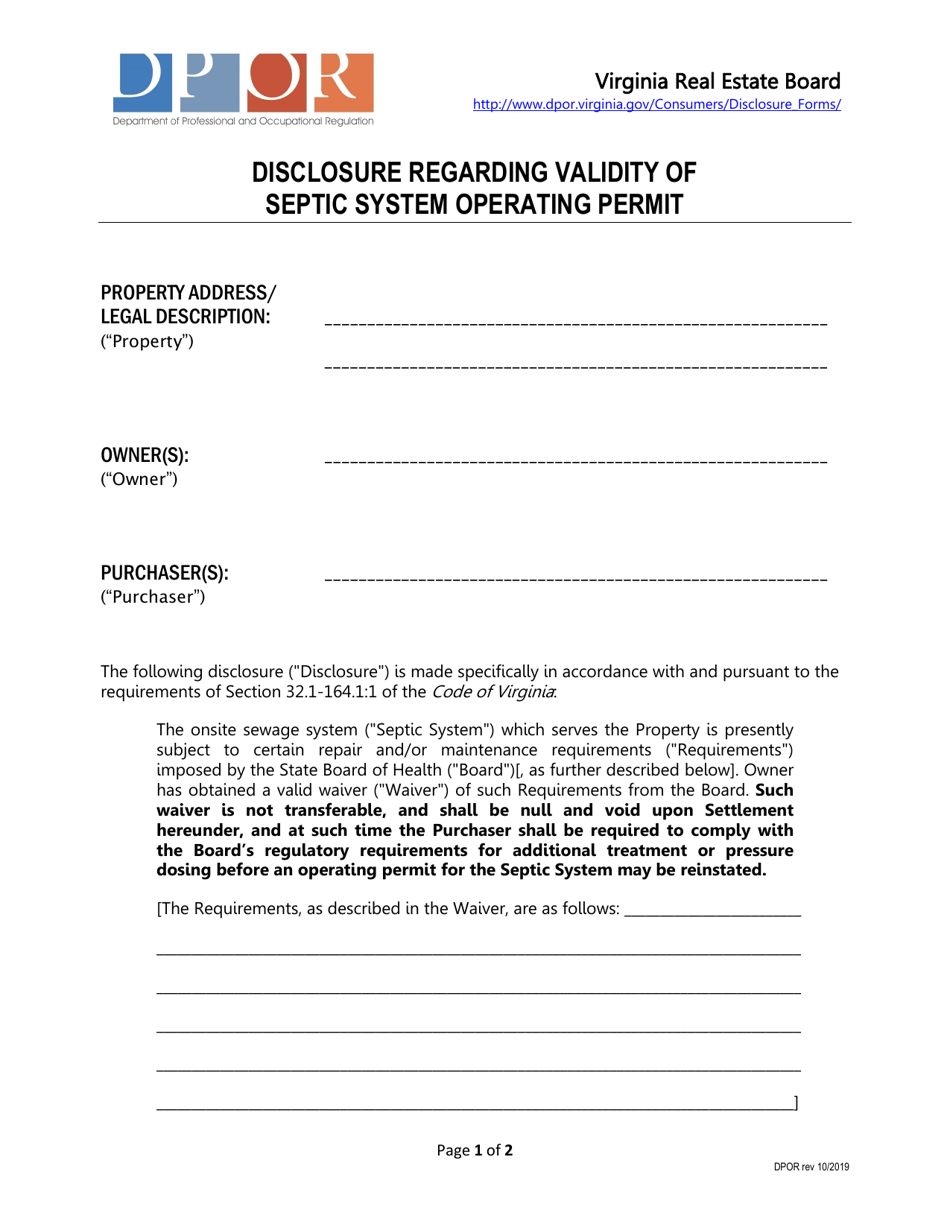 Virginia Disclosure Regarding Validity Of Septic System Operating