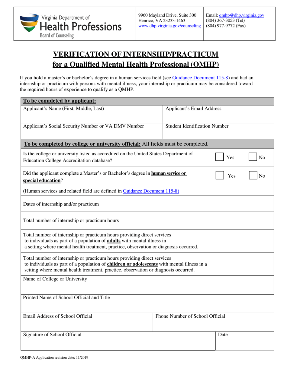 Virginia Verification Of Internship Practicum For A Qualified Mental