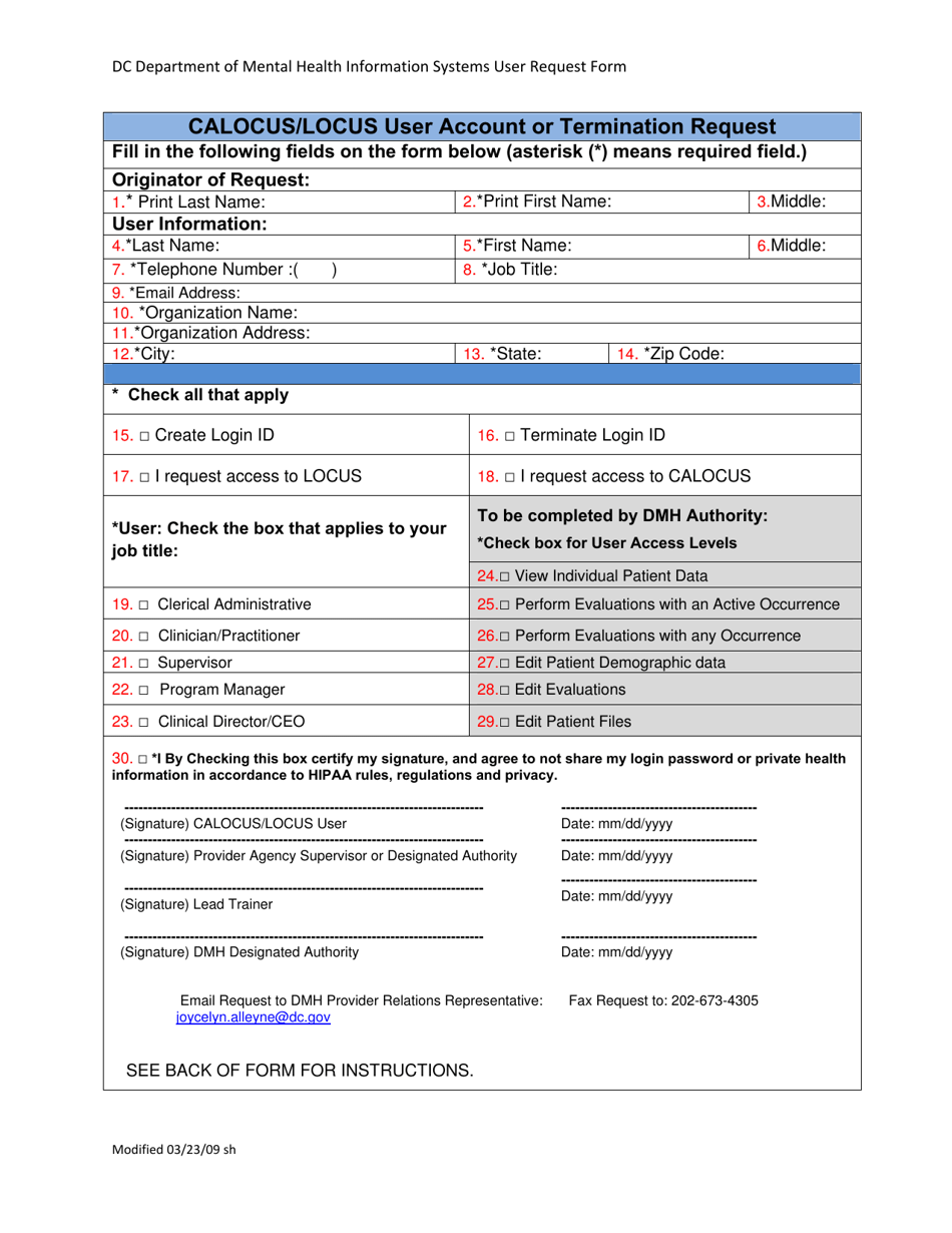 Washington D C Calocus Locus User Account Or Termination Request