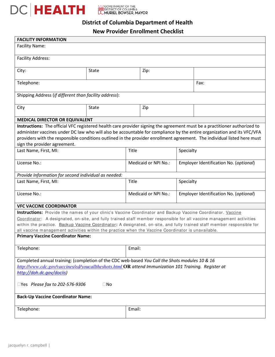 Washington D C New Provider Enrollment Checklist Fill Out Sign