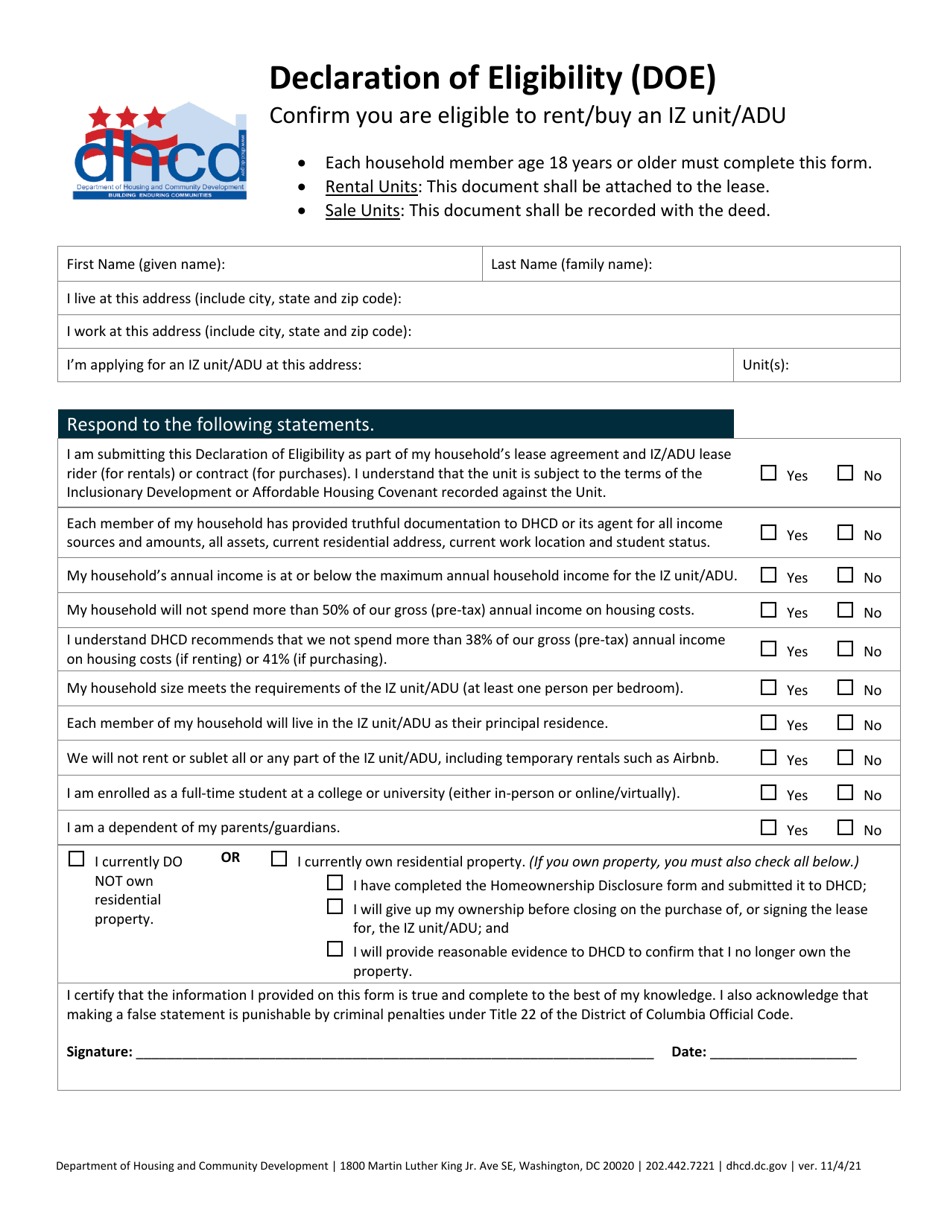 Washington D C Declaration Of Eligibility Doe Fill Out Sign